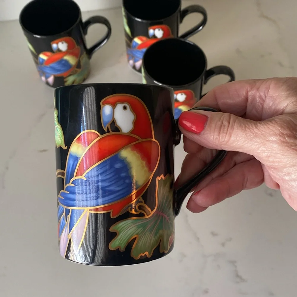 Vintage Fitz & Floyd Jungle Parrot Mugs Set of 4 FLAW